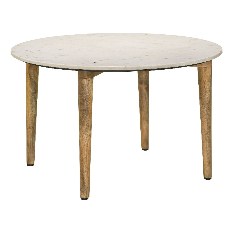 Wolu 30 Inch Coffee Table- White Marble Round Top- Natural Brown Mango Wood