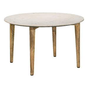 Wolu 30 Inch Coffee Table- White Marble Round Top- Natural Brown Mango Wood