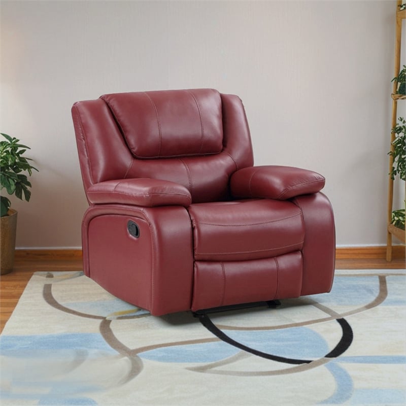 Mila 38 Inch Manual Recliner Accent Sofa Chair- Red Faux Leather- Wood
