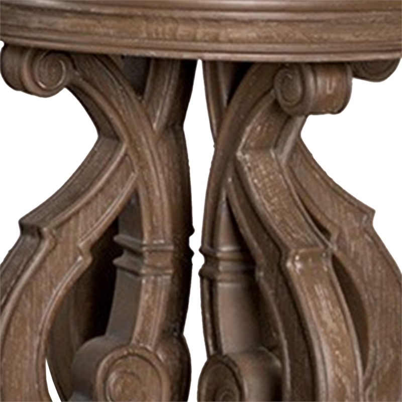 Gia Side End Table- 27 Inch Round Top- Carved Details- Brown Solid Wood