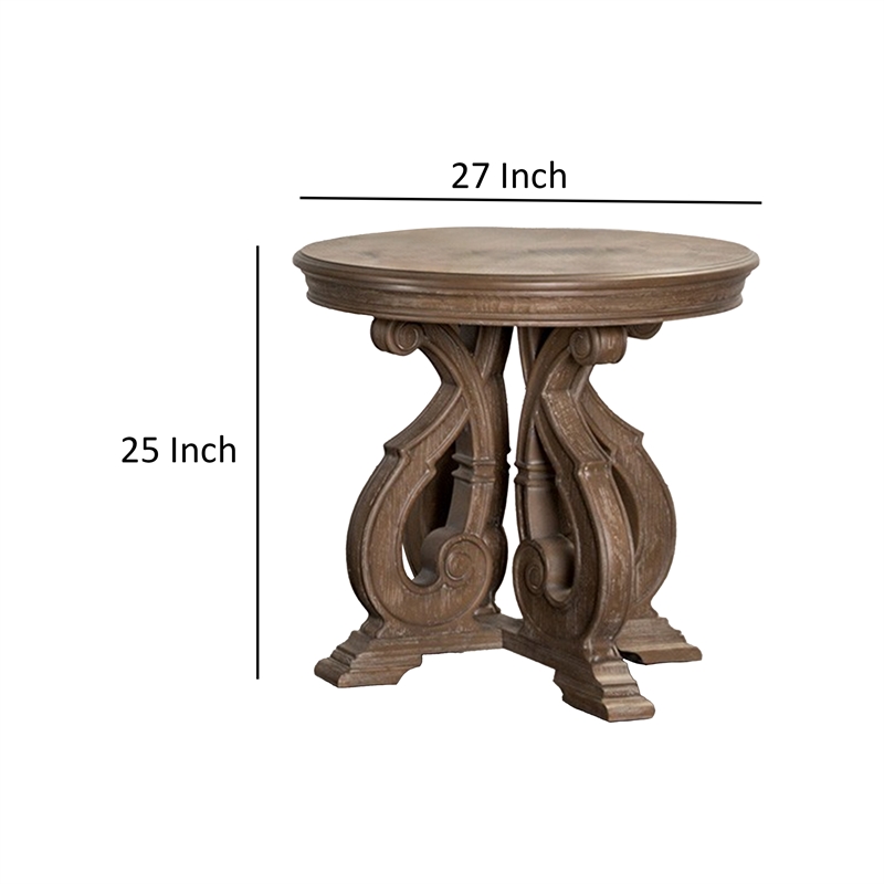 Gia Side End Table- 27 Inch Round Top- Carved Details- Brown Solid Wood
