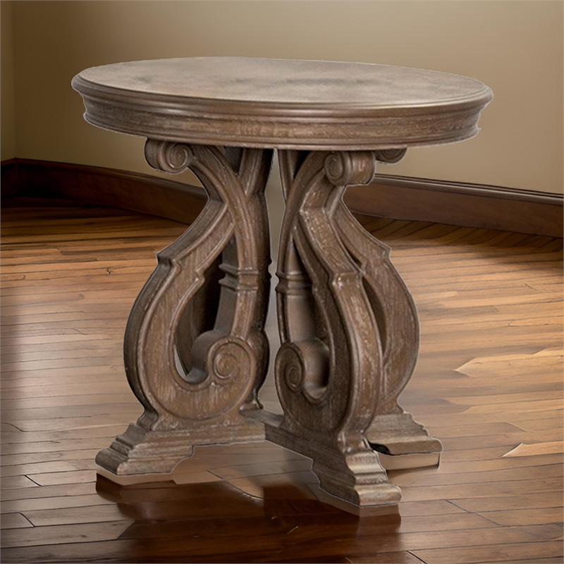 Gia Side End Table- 27 Inch Round Top- Carved Details- Brown Solid Wood