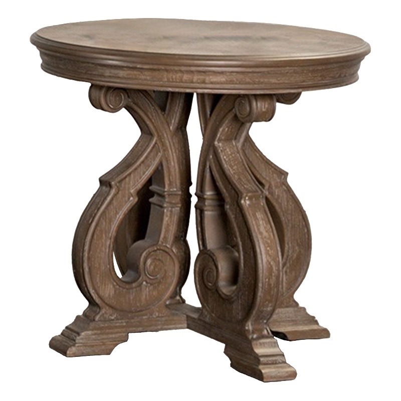 Gia Side End Table- 27 Inch Round Top- Carved Details- Brown Solid Wood