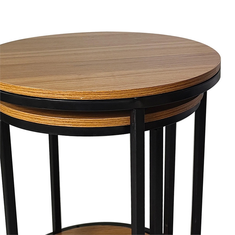 Molly Nesting Table Set of 2- Round Brown Solid Wood Top- Black Metal Frame
