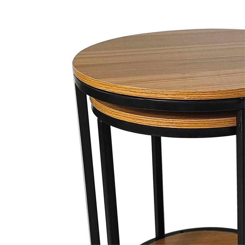 Molly Nesting Table Set of 2- Round Brown Solid Wood Top- Black Metal Frame