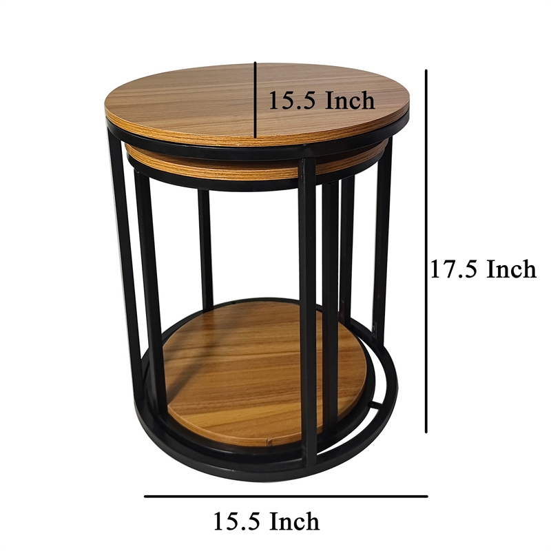 Molly Nesting Table Set of 2- Round Brown Solid Wood Top- Black Metal Frame