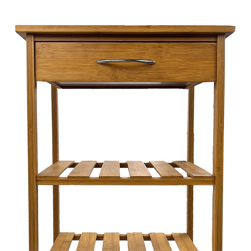 Harry Kitchen Bar Cart- 1 Drawer- 3 Shelves- Brown Bamboo- Rolling Wheels