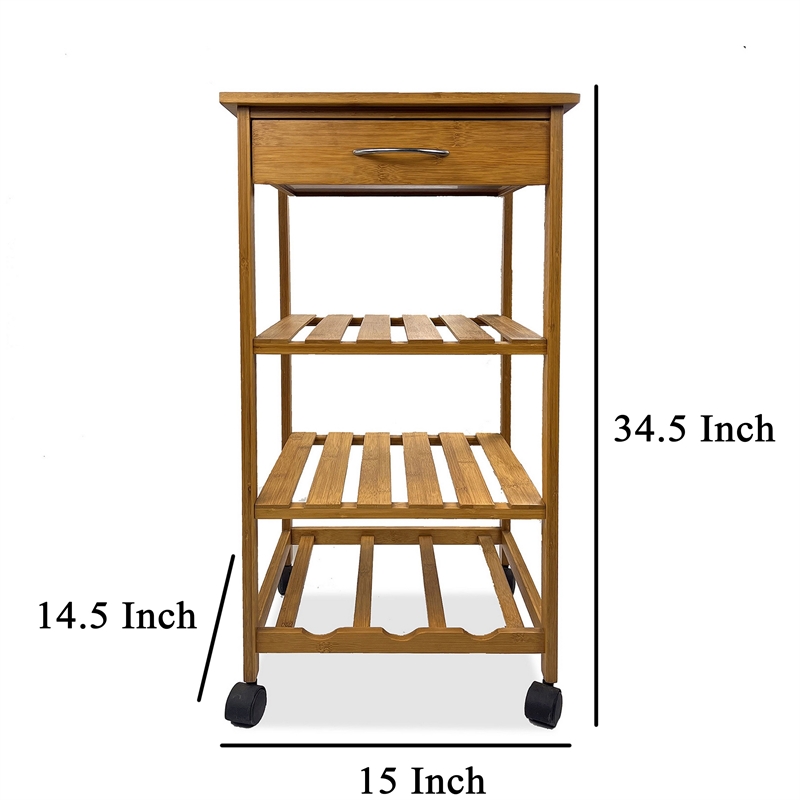 Harry Kitchen Bar Cart- 1 Drawer- 3 Shelves- Brown Bamboo- Rolling Wheels