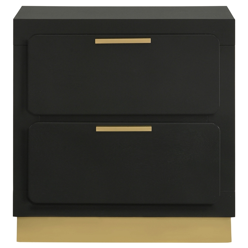 Caer Nightstand- 2 Drawers- Gold Accent Recessed Base- Bar Handles- Black