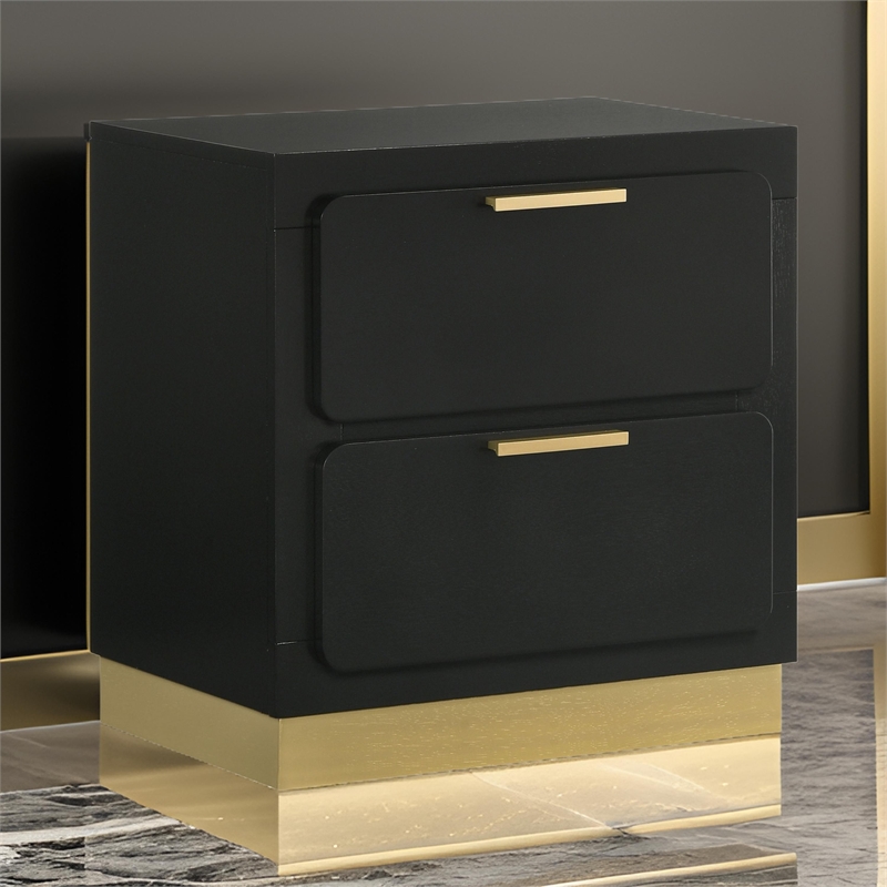 Caer Nightstand- 2 Drawers- Gold Accent Recessed Base- Bar Handles- Black