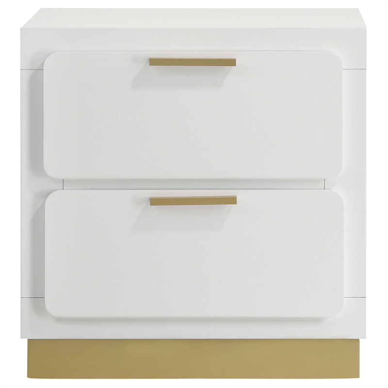 Caer Nightstand- 2 Drawers- Gold Accent Recessed Base- Bar Handles- White