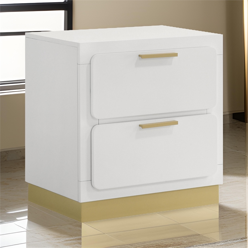 Caer Nightstand- 2 Drawers- Gold Accent Recessed Base- Bar Handles- White