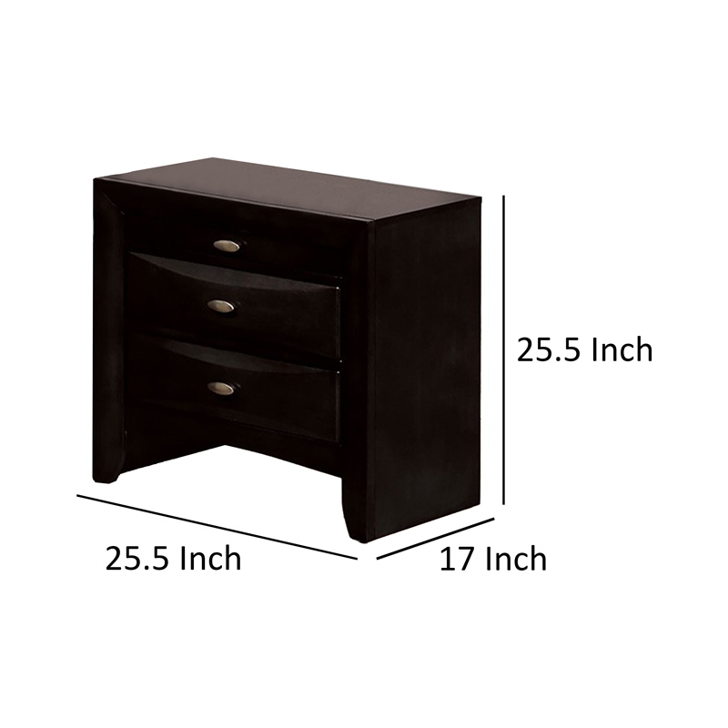 Simo Nightstand- Spacious Top- Metal Knobs- 3 Drawers- Black Solid Wood
