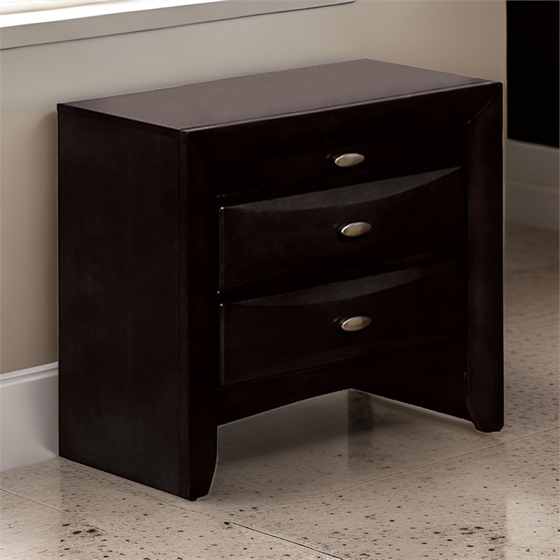 Simo Nightstand- Spacious Top- Metal Knobs- 3 Drawers- Black Solid Wood
