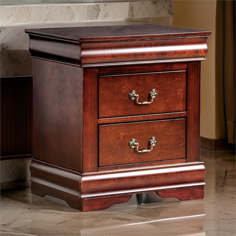 Ryla Nightstand- 2 Drawers- Cherry Brown Solid Wood- Bronze Drop Handles