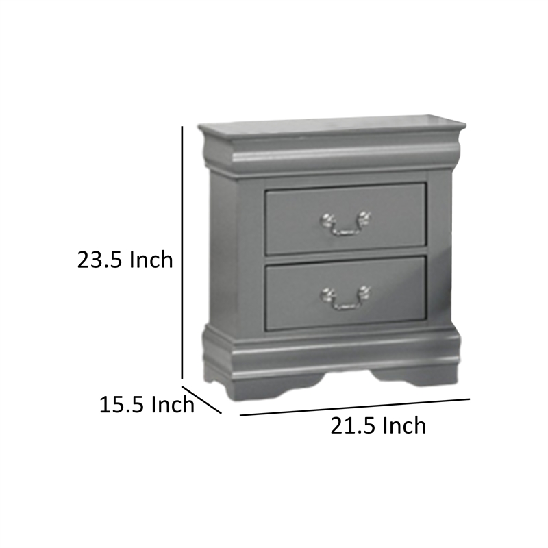 Ryla Nightstand- 2 Drawers- Light Gray Solid Wood- Nickel Drop Handles