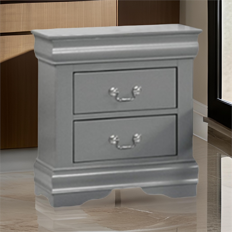 Ryla Nightstand- 2 Drawers- Light Gray Solid Wood- Nickel Drop Handles