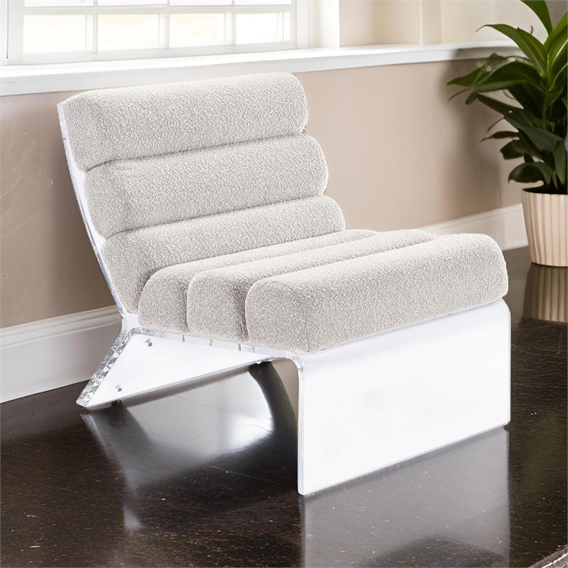Reta Armless Accent Chair- Modern Ivory Boucle Channel Tuft- Clear Acrylic