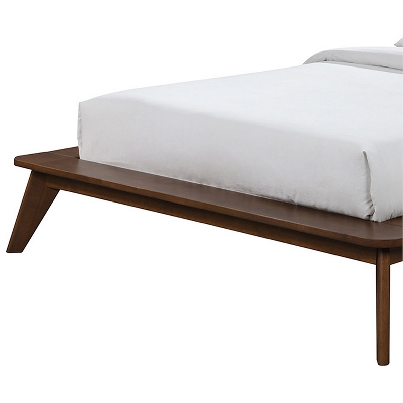 Linzy Queen Bed- Beige Boucle Upholstered Winged Edge- Brown Solid Wood
