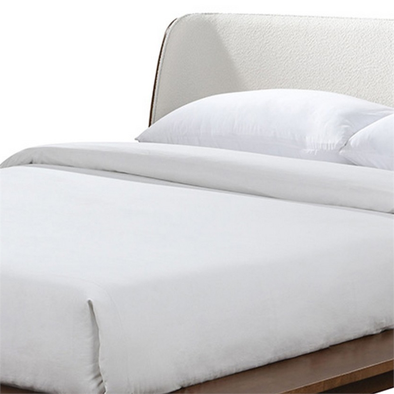 Linzy Queen Bed- Beige Boucle Upholstered Winged Edge- Brown Solid Wood