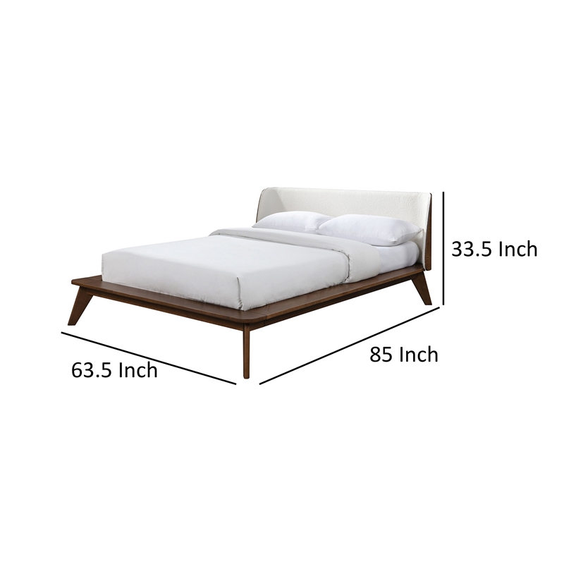 Linzy Queen Bed- Beige Boucle Upholstered Winged Edge- Brown Solid Wood
