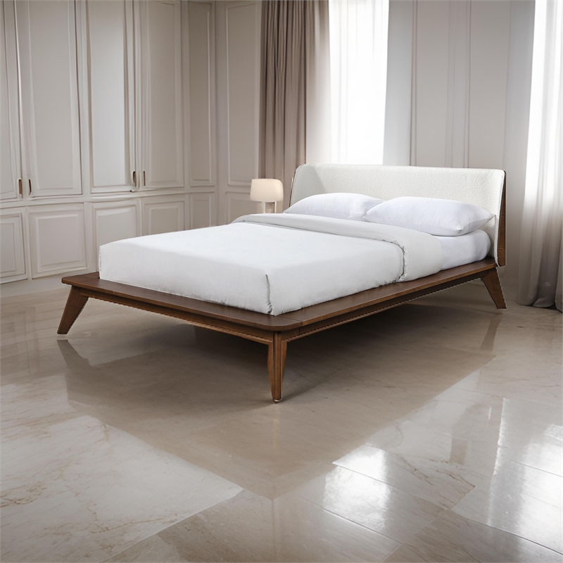 Linzy Queen Bed- Beige Boucle Upholstered Winged Edge- Brown Solid Wood