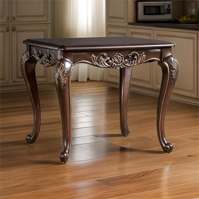 Halie Side End Table- 28 Inch- Classic Cabriole Legs- Dark Brown Solid Wood