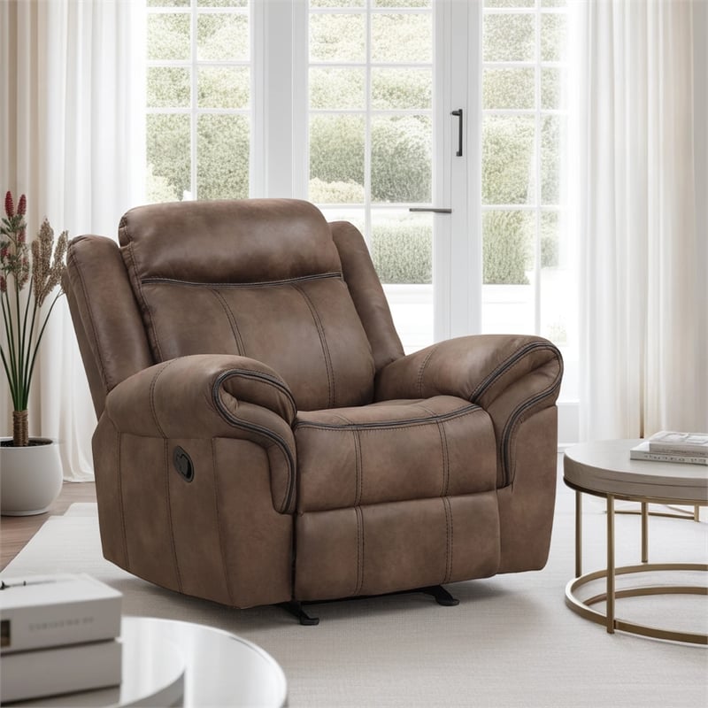 Arisa Manual Glider Recliner Chair- Brown Faux Leather- Pillow Arms