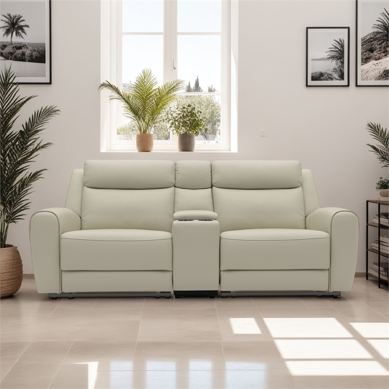 Cobe Manual Recliner Loveseat- 41 Inch- Center Console- Grain Beige Leather