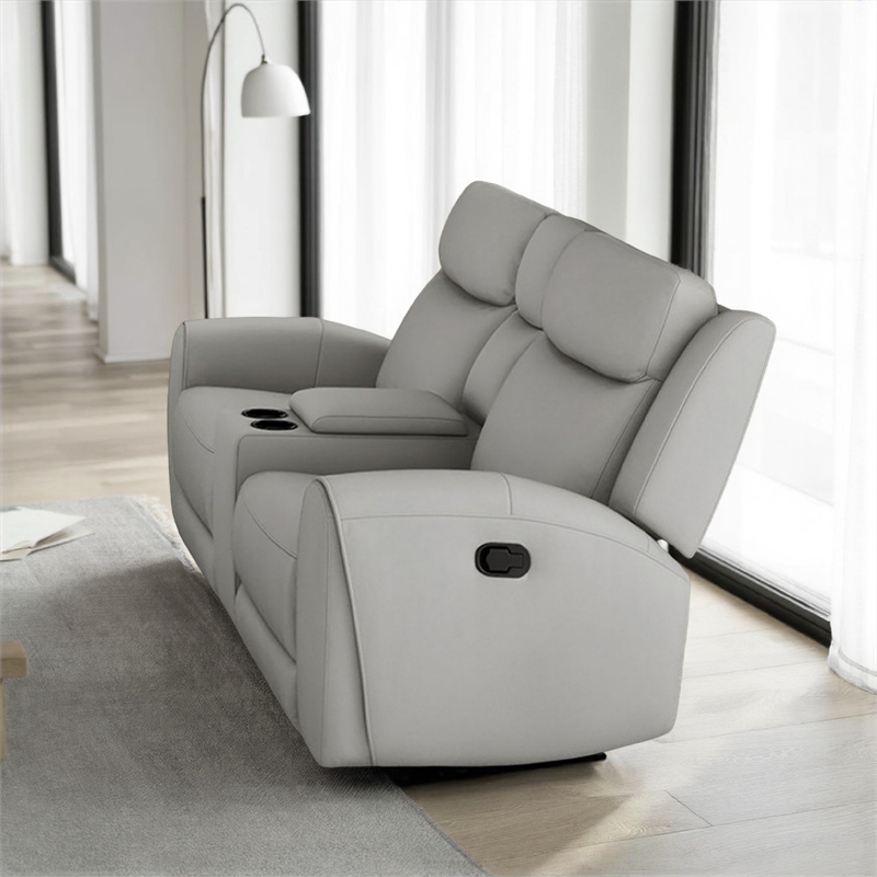 Cobe Manual Recliner Loveseat- 41 Inch- Center Console- Grain Gray Leather