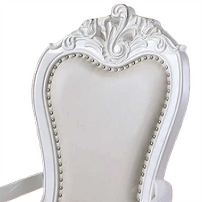 Zenie Dining Armchair Set of 2- Carved Cabriole- Faux Leather- White Wood