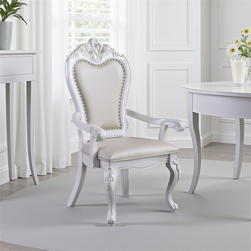 Zenie Dining Armchair Set of 2- Carved Cabriole- Faux Leather- White Wood