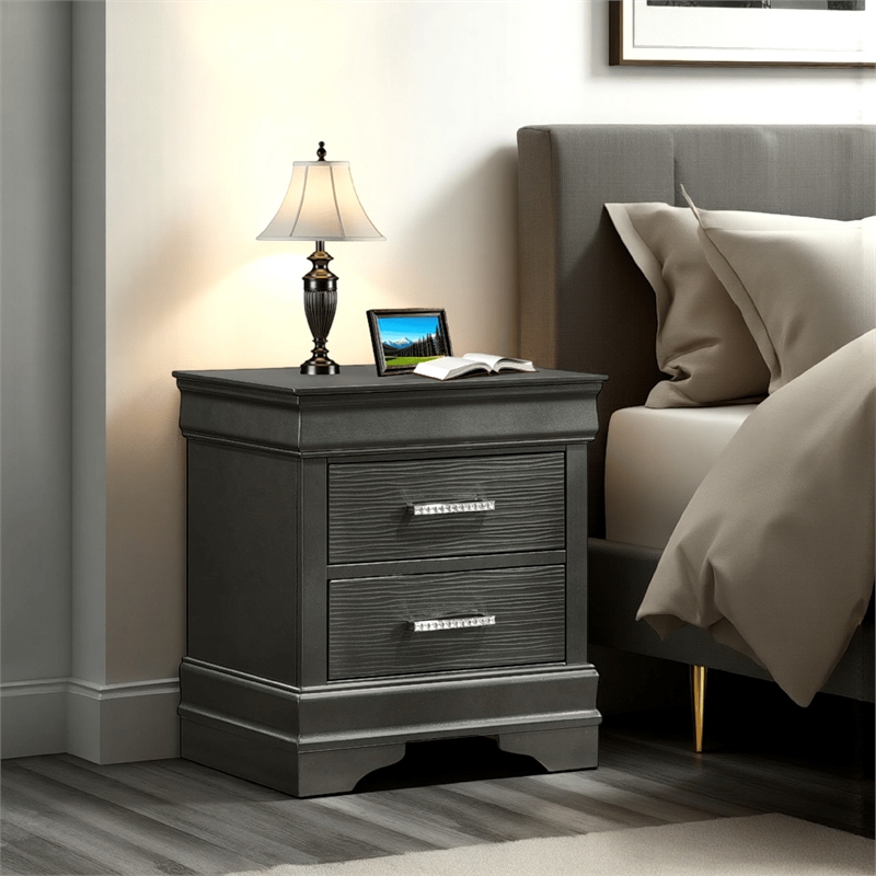 Jean Nightstand- 2 Drawers- Curved Frame- 24 Inch Dark Gray Solid Wood