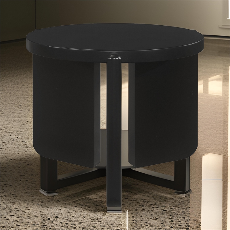 Kiya Side End Table- Panel Legs- 27 Inch Round Black Solid Wood Frame