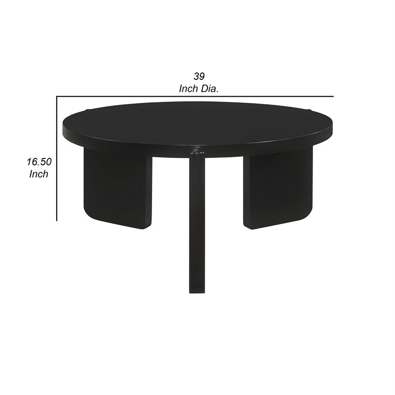Kiya Coffee Table- 39 Inch Round Top- Black Solid Wood Frame- Panel Legs