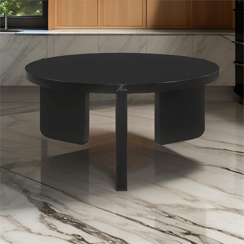 Kiya Coffee Table- 39 Inch Round Top- Black Solid Wood Frame- Panel Legs