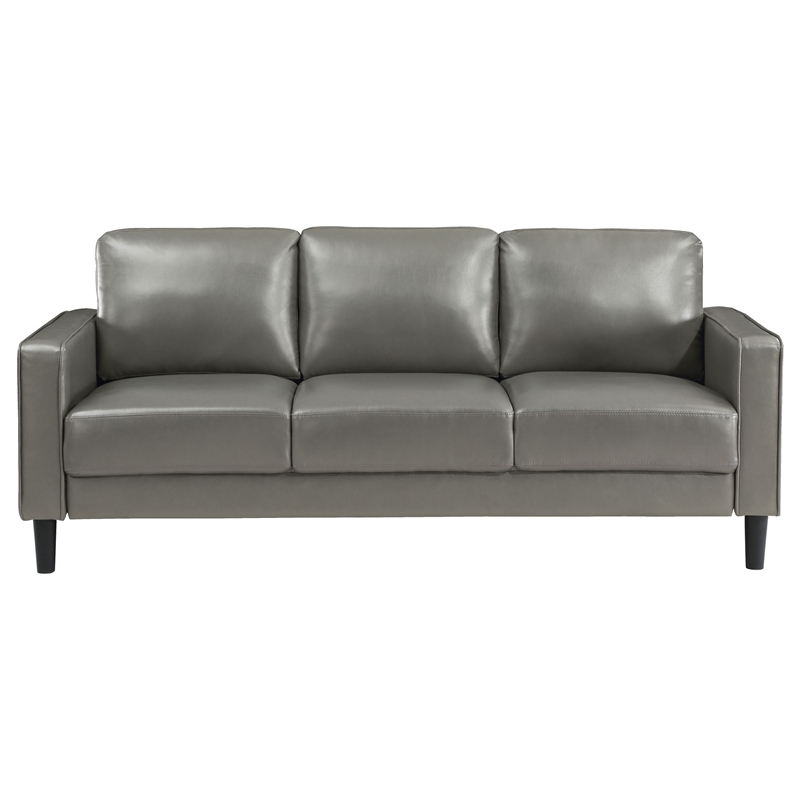 Rumi Sofa- Gray Faux Leather- Modern Track Arms- Foam Cushions- 77 Inch