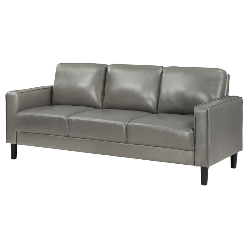 Rumi Sofa- Gray Faux Leather- Modern Track Arms- Foam Cushions- 77 Inch