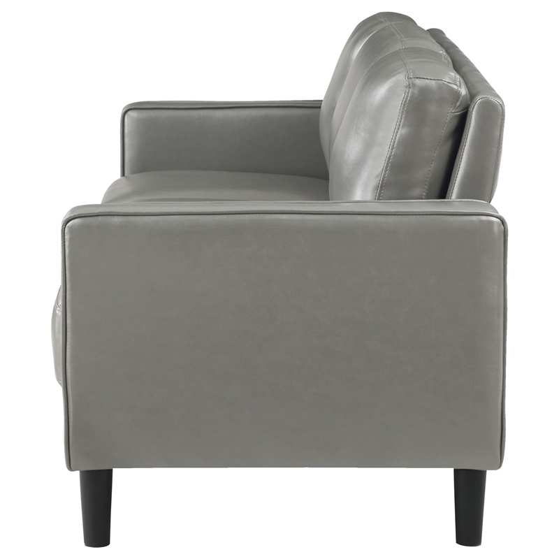 Rumi Sofa- Gray Faux Leather- Modern Track Arms- Foam Cushions- 77 Inch