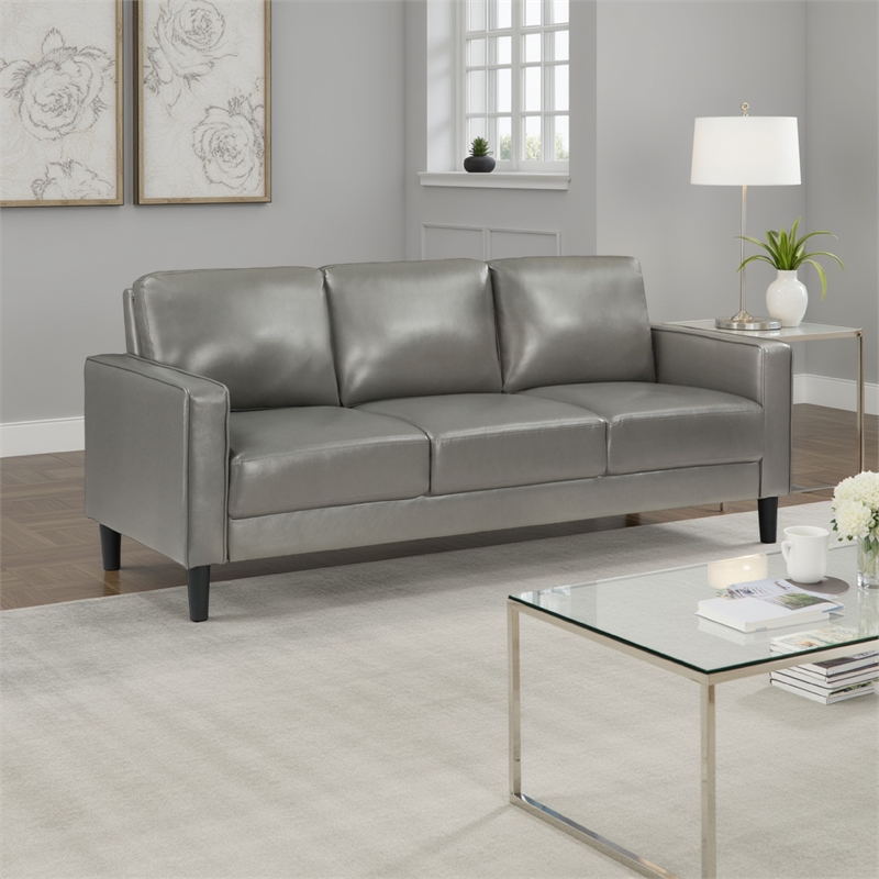 Rumi Sofa- Gray Faux Leather- Modern Track Arms- Foam Cushions- 77 Inch