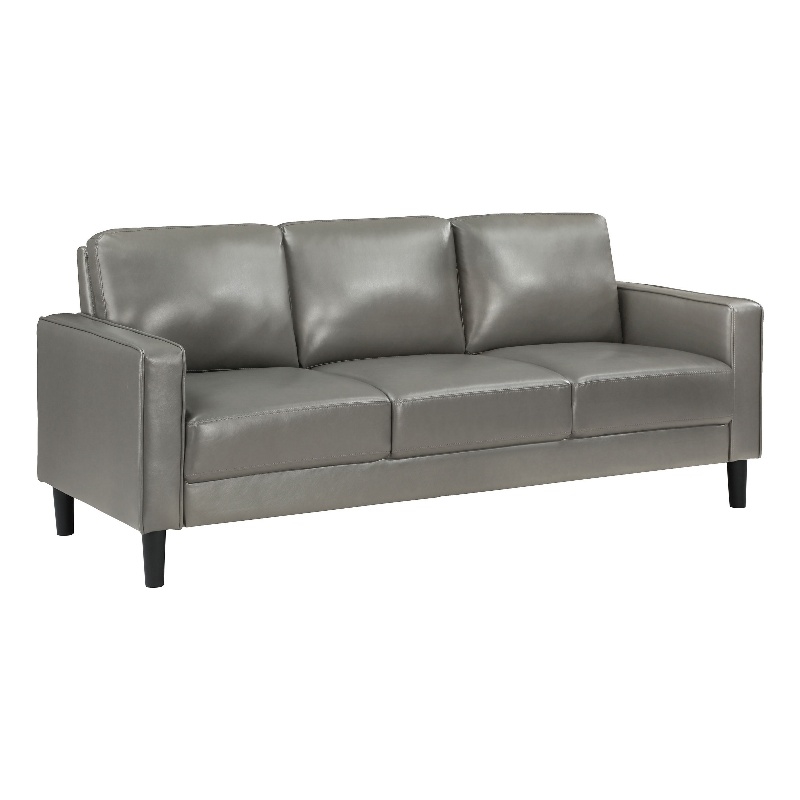 Rumi Sofa- Gray Faux Leather- Modern Track Arms- Foam Cushions- 77 Inch