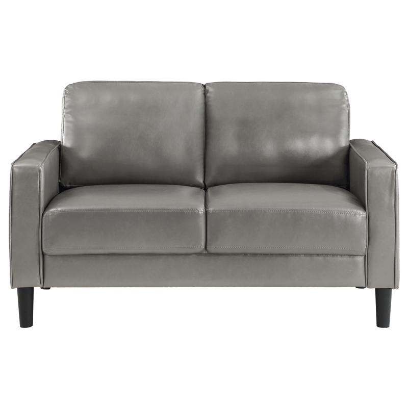 Rumi Loveseat- Gray Faux Leather- Modern Track Arms- Foam Cushions- 54 Inch