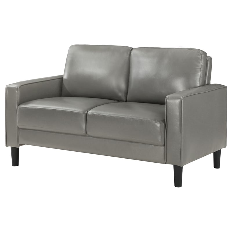Rumi Loveseat- Gray Faux Leather- Modern Track Arms- Foam Cushions- 54 Inch