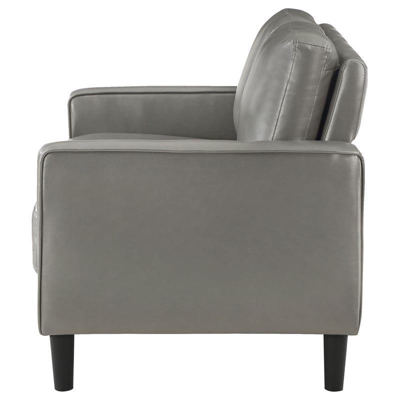 Rumi Loveseat- Gray Faux Leather- Modern Track Arms- Foam Cushions- 54 Inch