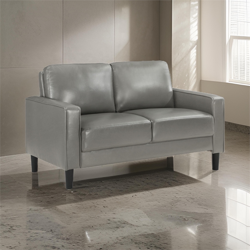 Rumi Loveseat- Gray Faux Leather- Modern Track Arms- Foam Cushions- 54 Inch