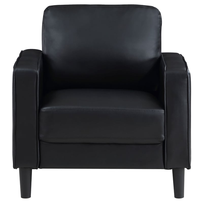 Rumi Accent Chair- Black Faux Leather- Modern Track Arms- Foam Cushions