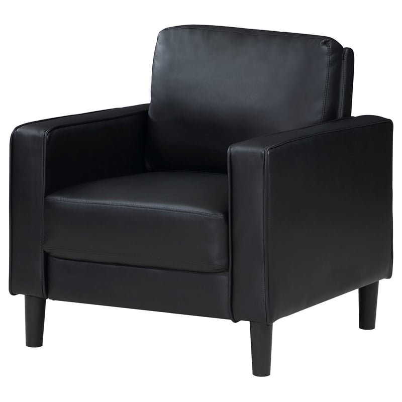 Rumi Accent Chair- Black Faux Leather- Modern Track Arms- Foam Cushions