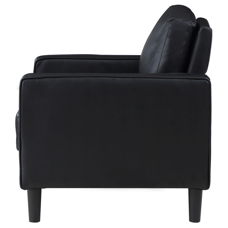 Rumi Accent Chair- Black Faux Leather- Modern Track Arms- Foam Cushions