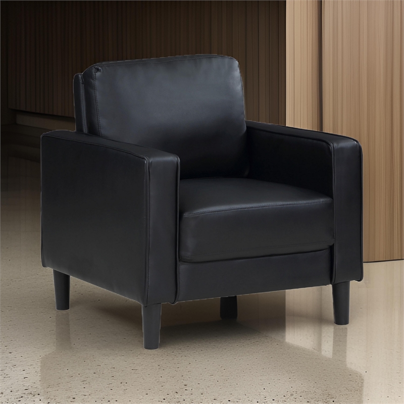 Rumi Accent Chair- Black Faux Leather- Modern Track Arms- Foam Cushions