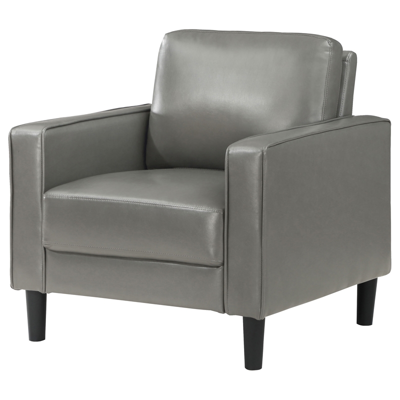 Rumi Accent Chair- Gray Faux Leather- Modern Track Arms- Foam Cushions